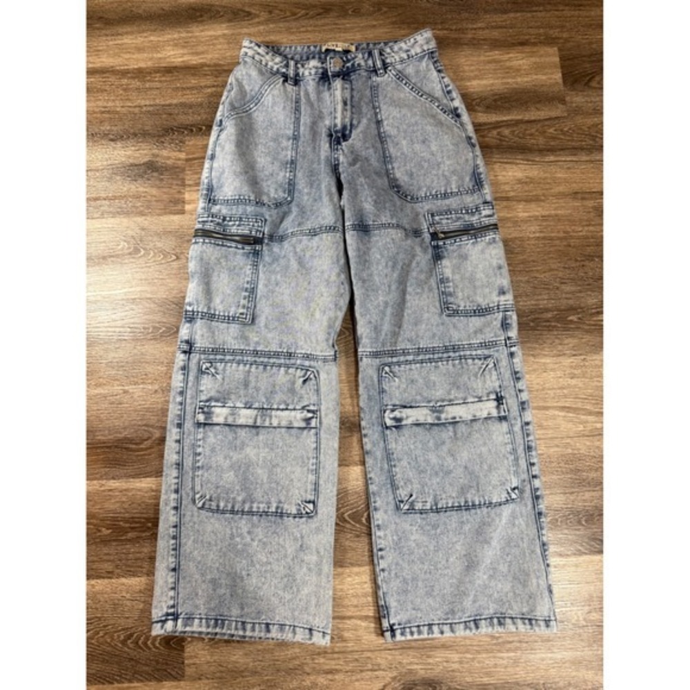 Love Cult Jeans Women's M Blue Acid Wash Denim Utility Cargo Pants Y2K Wide Leg‎